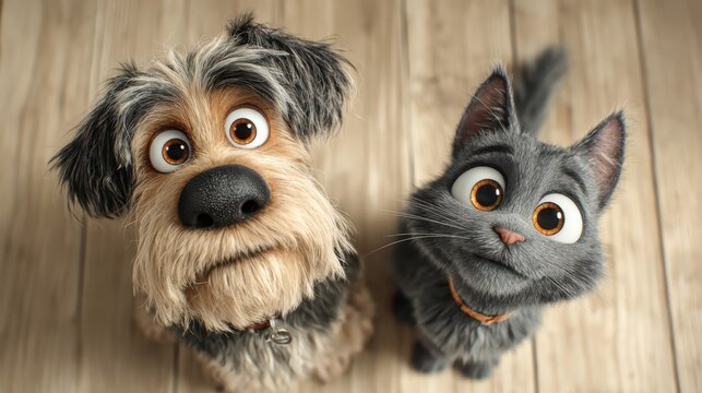 Cute dog and cat looking up begging for attention