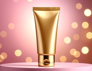 Golden tube product on pink platform, blurred light dots