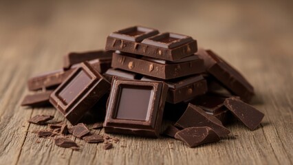 Stack of dark chocolate squares on wooden table. Rich, tempting treat