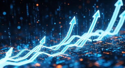 Abstract glowing blue line graph with upward arrows illustrating financial growth, data analysis, and digital technology progress in a dark setting