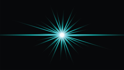 Obraz premium Bright cyan blue light burst star flare effect on black background