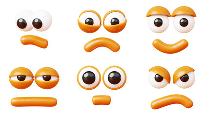 3d cartoon faces, expressive eyes and mouth for animated character design. Render set of comic facial expression, looking down, smiling, sad, sleepy, angry and surprised emotions. 3D illustration