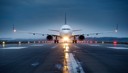 Passenger airplane on a wet airport runway at dusk, illuminated by bright lights, concept for travel, aviation and logistics