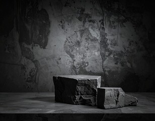 Stone stage Rough platform against a dark, textured backdrop