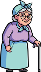 Friendly Cartoon Grandmother with Glasses Headscarf and Walking Cane.
