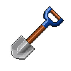 Pixel art illustration of a small shovel with a brown handle, blue grip, and metallic blade, for use in games, gardening-themed content, digital designs, icons. 