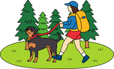 Naklejka premium A woman is walking her dog in a forest