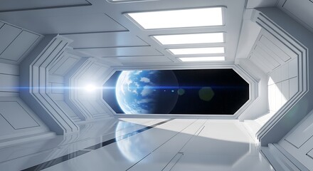 Obraz premium View of planet earth from inside a futuristic white spaceship corridor with bright light flare and reflections