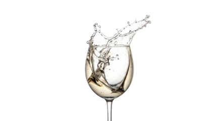 Hyperdetailed shot of pale sauvignon blanc forming a frozen, dynamic crown splash from a pristine crystal wine glass against a transparent studio background. Concept for beverage advertising