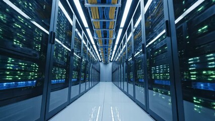 Server room shows many computers with blue and green lights and yellow cables in a modern data center at evening time - Powered by Adobe