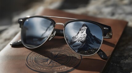 Sunglasses placed on a map show a mountain reflected in the lenses. The scene captures a travel moment focused on outdoor exploration and adventure