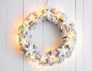 Festive, snowy wreath adorned with glowing lights and white stars on a wooden wall