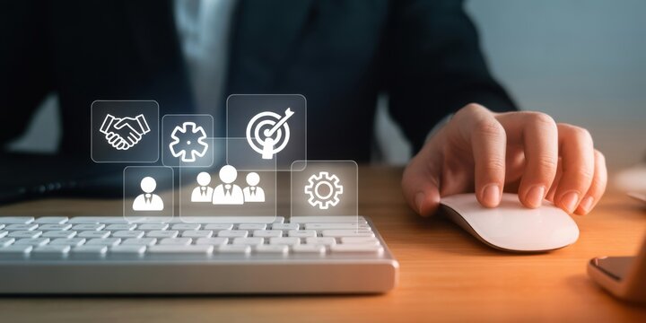 Digital Integration: A focused individual navigates the digital realm, interacting with virtual icons that symbolize collaboration, targets, and innovation. - Powered by Adobe