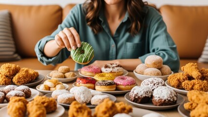 Woman holds green donut over table laden with pastries and fried chicken