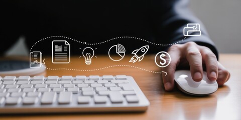 Digital Business Interface: A close-up shot of a hand using a mouse on a desk, accompanied by digital icons representing various aspects of business processes.