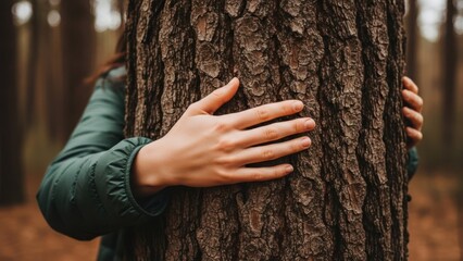 Woman hugging tree trunk in forest, textured bark, green jacket, blurred depth