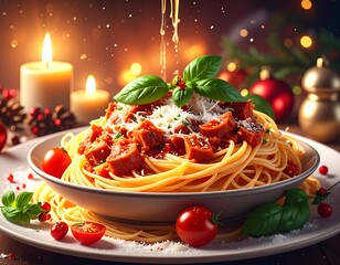 Festive spaghetti with tomatoes, sausage and basil set against holiday bokeh lights