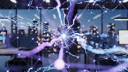 Networking technologies connect computers in a modern office at night with a city skyline in the background - Powered by Adobe