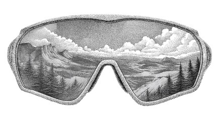 Stipple illustration depicts a view through goggles, highlighting a mountain landscape with trees and clouds. The scene represents mountaineering and outdoor adventure