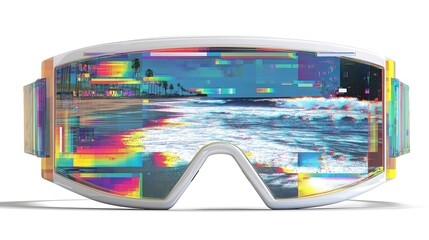 Glasses display a beach scene with waves and palm trees, altered with glitch art effects. The colors blend and change, creating a unique visual experience of digital art