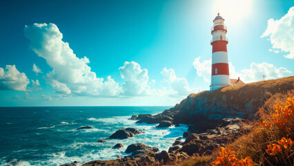 A lighthouse by the sea on a sunny day
