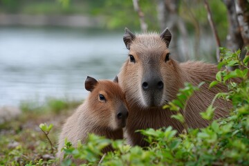 cute capybara and baby capybara near the lake