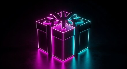 Neon glowing gift box with ribbon and bow in vibrant pink and cyan colors against a dark background, modern abstract concept