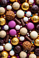 Assortment of chocolate colourful, festive sweets candy macaroons and nuts. Gourmet speciality chocolate bonbons or pralines arranged in a neat rectangle on rustic wood table viewed top down