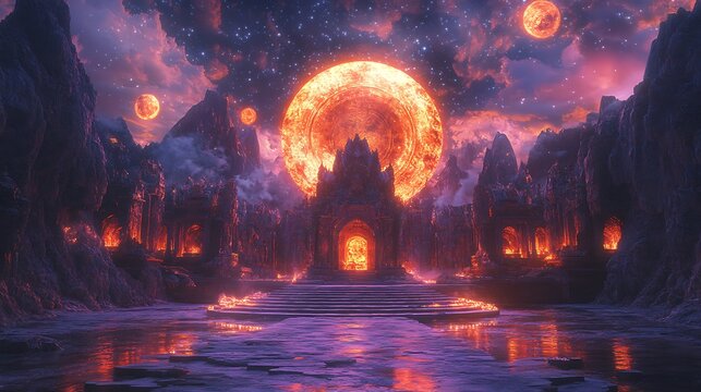 Mystical fire moon panorama in a dark fantasy landscape with temple ruins