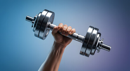 Hand holding chrome dumbbell with weight plates weightlifting