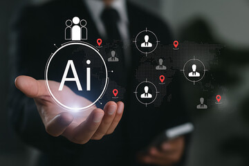 A business man is holding a futuristic AI concept showing artificial intelligence managing a global network of people represented by silhouettes and location pins on a map