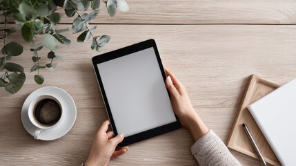 top view of female hand using modern tablet pc with empty screen