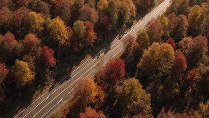 Obraz premium Aerial View of a Winding Road Through a Vibrant Autumn Forest.