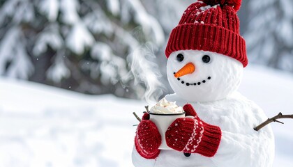 Snowman with red hat and mittens holding hot drink