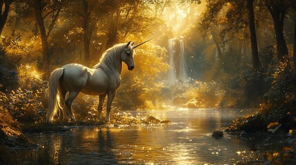 Unicorn in a serene, luminous forest with a waterfall backdrop and golden sunlight