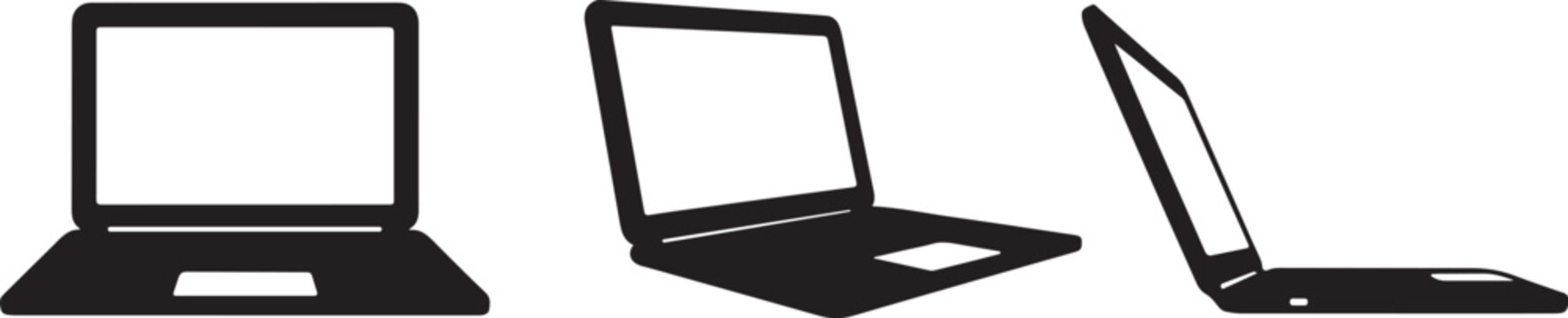 silhouette laptop icon set front angled and side view minimalist vector illustration