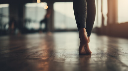 Close-up of barefoot woman legs walking on wooden floor in yoga or fitness studio with warm morning light and calm atmosphere
