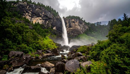 Scenic waterfall cascading down a rocky cliff amidst lush greenery under an overcast sky, river flowing below
