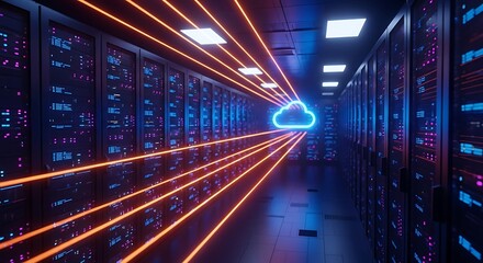 Glowing neon orange data streams flow from server racks towards a bright blue cloud computing symbol in a futuristic data center