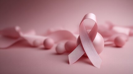 gentle pink ribbon on pink background, breast cancer concept