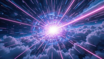Stunning hyper speed travel through clouds with vibrant neon lights, perfect for futuristic concepts and dynamic technology backgrounds