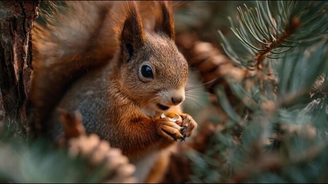 Fluffy red squirrel sitting on a pine tree branch holding and eating a nut in the woods
