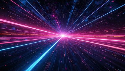 Naklejka premium Experience the thrill of warp speed travel with vibrant neon light trails, perfect for futuristic tech presentations and dynamic sci-fi designs