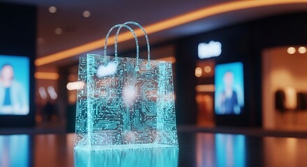 Holographic glowing digital shopping bag concept representing futuristic ecommerce and online retail technology inside a modern mall setting