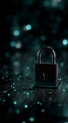 padlock on black motherboard background, cyber secutity and privacy background with copy space