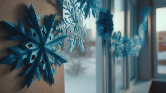 sustainable christmas Decorative blue snowflakes hanging by a window. - Powered by Adobe