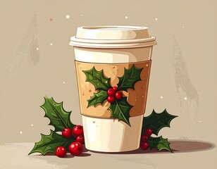 Festive to-go coffee cup adorned with holly berries on a beige background