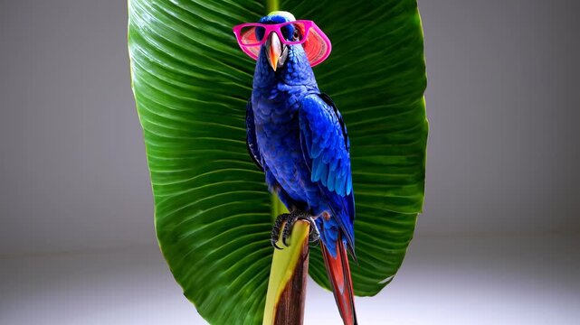 Tropical parrot wearing pink glasses and hat perches in front of green leaf. Exotic bird with vivid feathers stands calmly. Animal shows pet charm on tropical perch surrounded by natural elements
