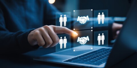 Human Touch in the Digital Realm: A person's finger hovers over a laptop, activating connection icons symbolizing partnerships and agreements.