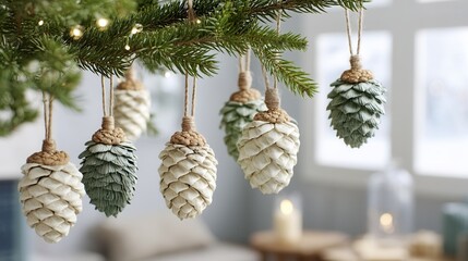 sustainable christmas Christmas decorations with pine cones hanging from a tree branch.